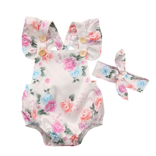 Newborn Baby Girls Floral One Piece Bodysuit Romper Headband 2Pcs Sets Outfits